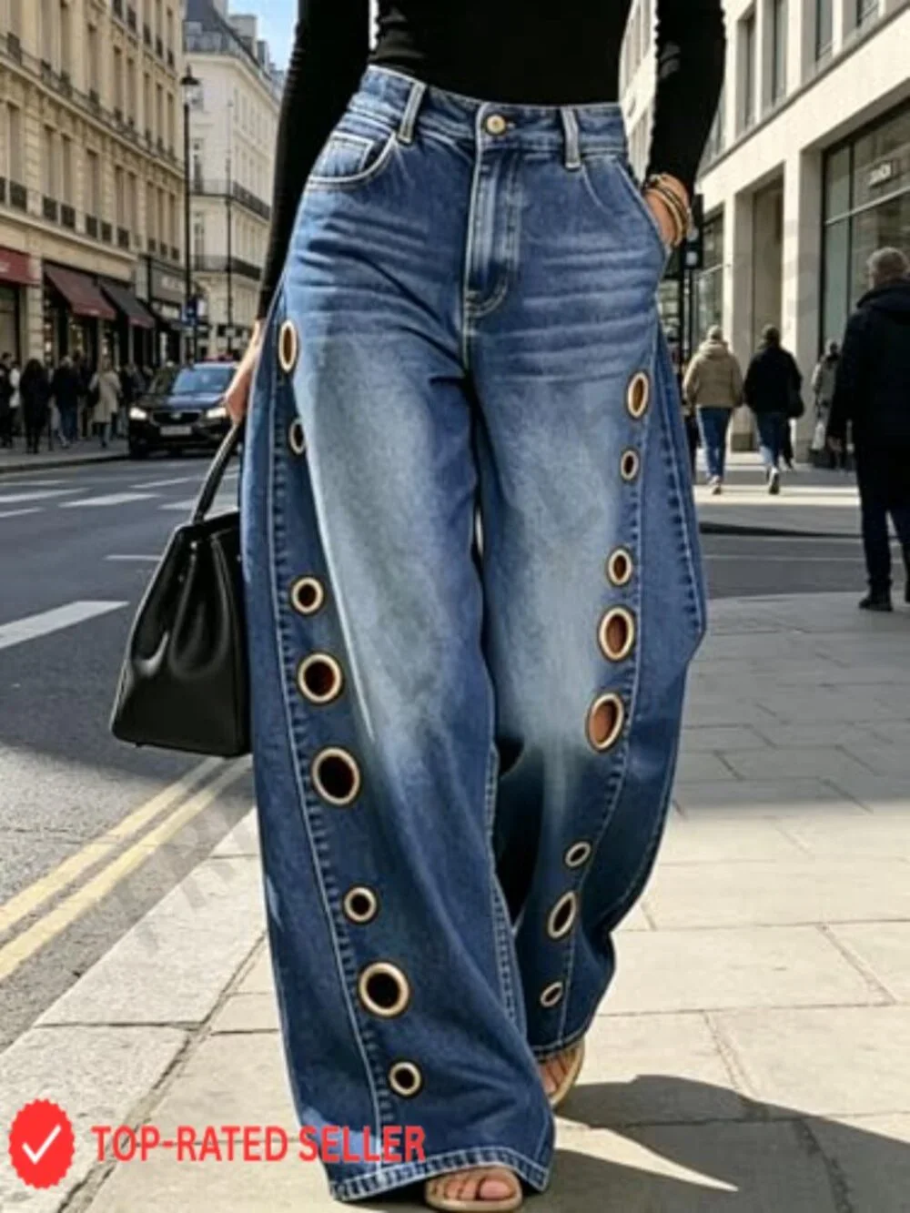 High Waisted Wide Leg Jeans with Metal Eyelet Cutouts, Baggy Y2K Denim Pants